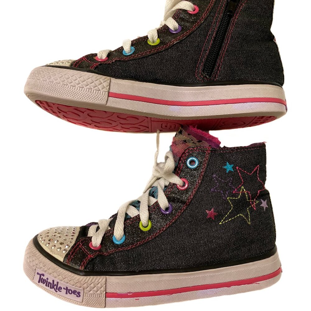 SKECHERS Twinkle Toes "I Light Up" Neon Glitter & Stars Lace Side Zip Hi-Tops